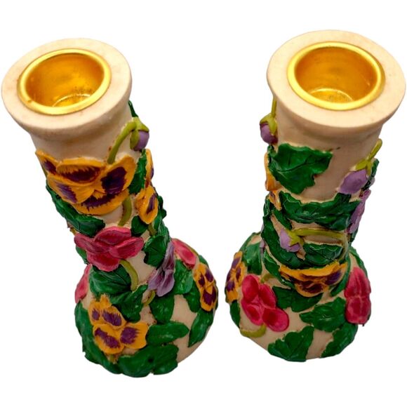 Vintage Floral Hand Painted Candle Holders 3D Resin & Brass Colorful 7" Flowers - Picture 4 of 10